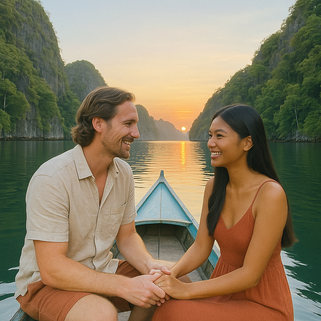 Couple in boat during sunset with limestone cliffs